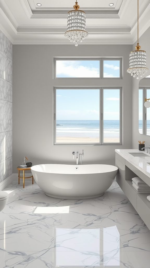 A luxurious coastal bathroom with a freestanding bathtub, ocean view, and elegant decor.