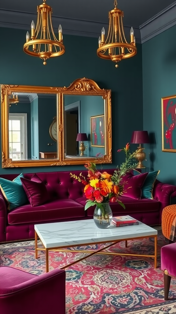 A stylish living room featuring jewel tones with a plum sofa, teal walls, and gold chandeliers.