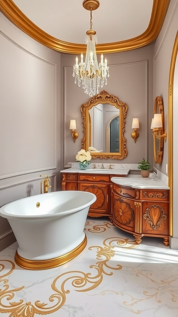 Luxurious French chateau spa bathroom with a freestanding tub, elegant chandelier, and ornate wooden vanity.