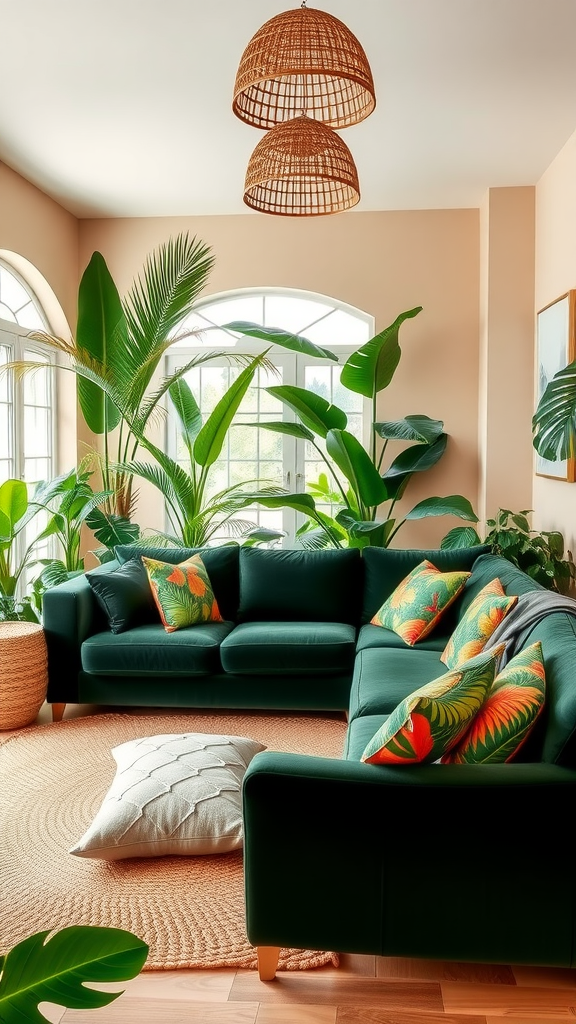 A cozy living room featuring a green sofa adorned with tropical-patterned cushions, surrounded by lush plants and bright natural light.