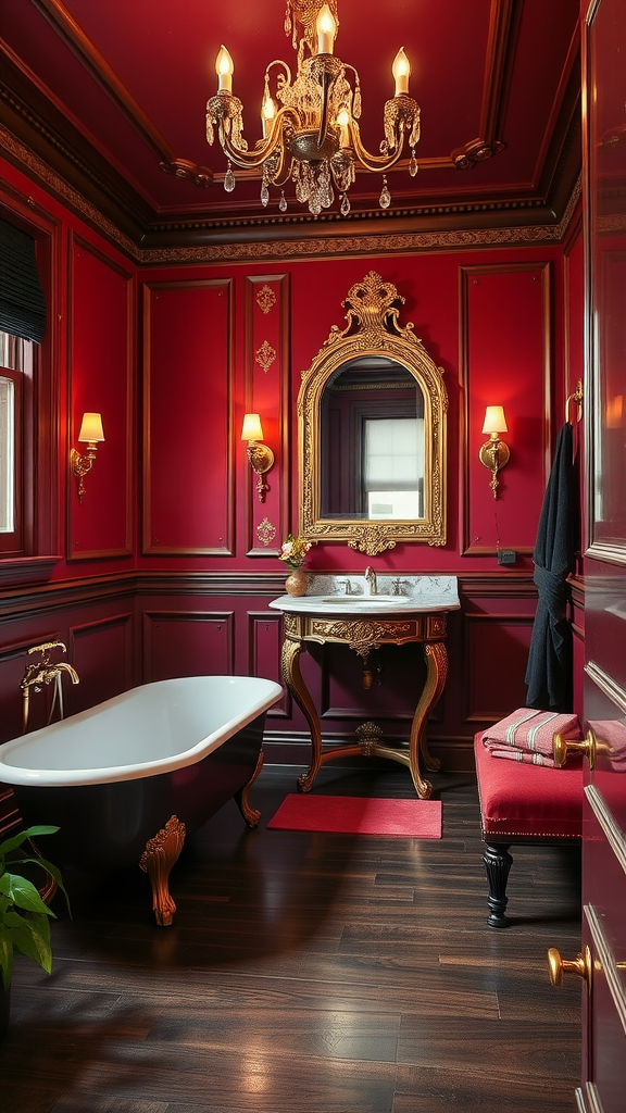 Victorian bathroom with burgundy walls, gold accents, chandelier, and vintage fixtures