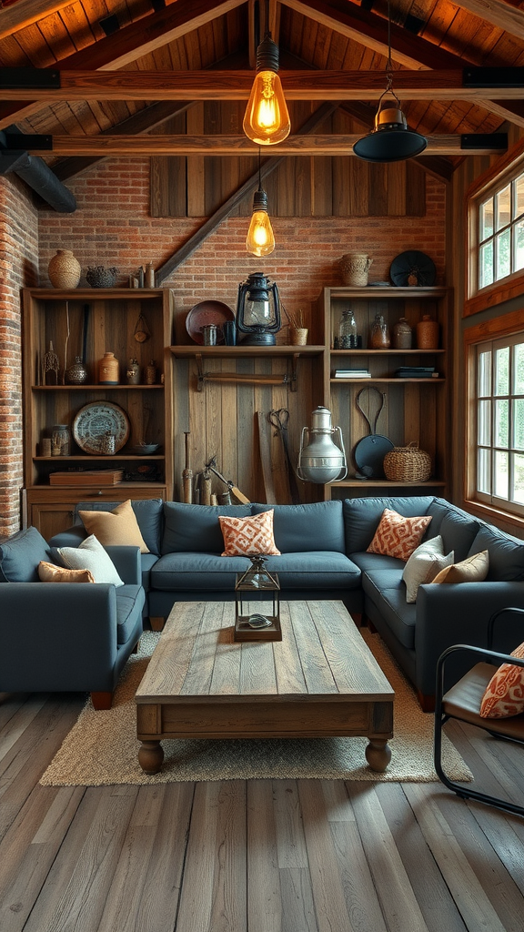 A cozy vintage barn-style living room featuring a blue sectional sofa, wooden coffee table, and rustic decor.