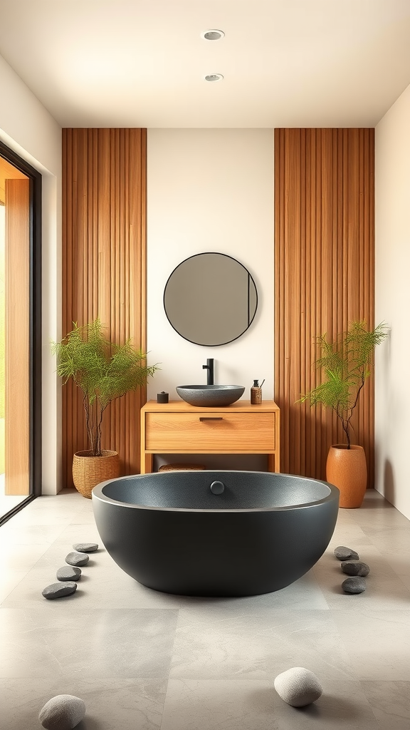 A serene coastal bathroom featuring a round bathtub, wooden walls, and plants.