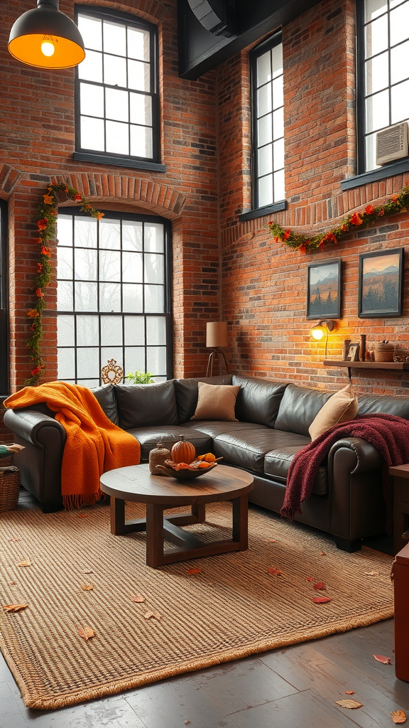 A cozy loft living room decorated for fall, featuring a leather sofa, warm blankets, pumpkins, and a woven rug.