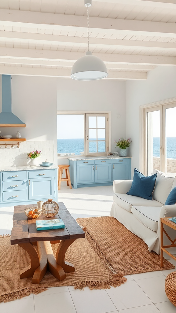 A bright Mediterranean-style living room and kitchen with blue cabinetry, a cozy sofa, and a view of the sea.