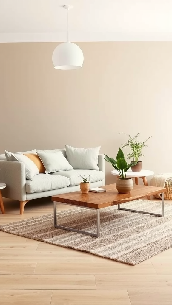 A serene earthy living room featuring a light sofa, wooden coffee table, and potted plants.