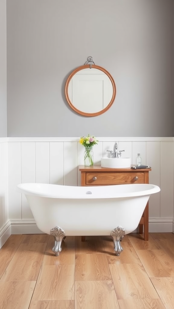 A simple French country bathroom featuring a freestanding bathtub, wooden vanity, and gray walls.