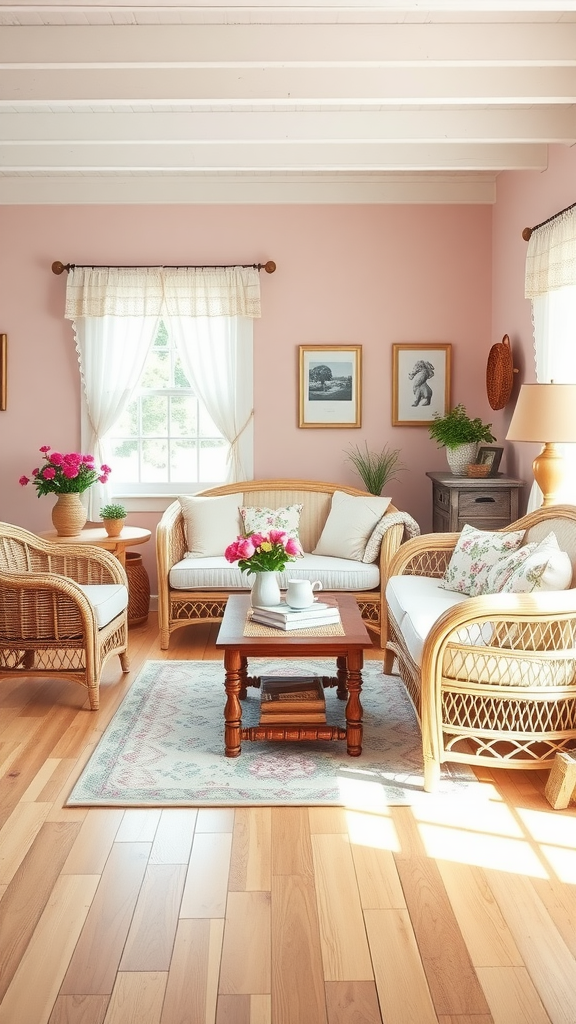 Cozy countryside living room with wicker furniture and light pink walls