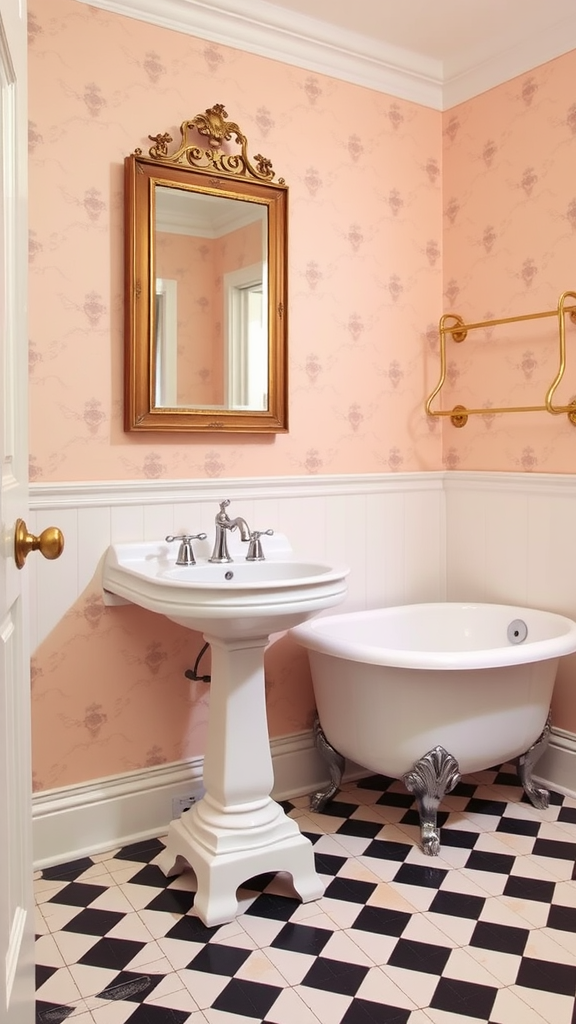 Victorian bathroom featuring antique elements, including a medicine cabinet, pedestal sink, and claw-foot tub