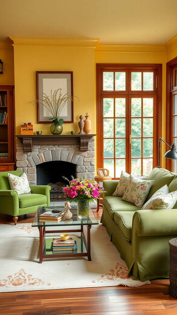 Cozy country cottage living room with green sofas, yellow walls, and a stone fireplace.