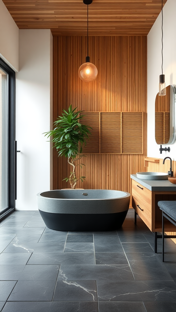 A modern bathroom with wooden wall panels, a freestanding bathtub, and a plant, showcasing Japandi design.