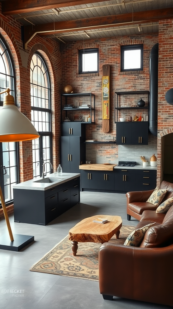 An industrial chic living room and kitchen combo featuring exposed brick walls, black cabinetry, leather sofas, and large windows.