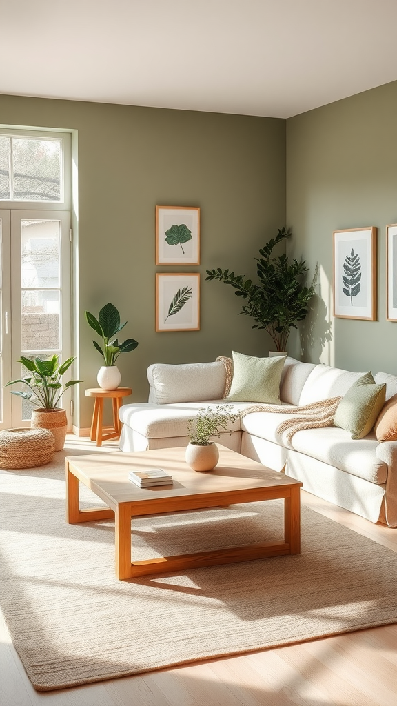 A minimalist living room with green walls, a light-colored sofa, natural plants, and a wooden coffee table.