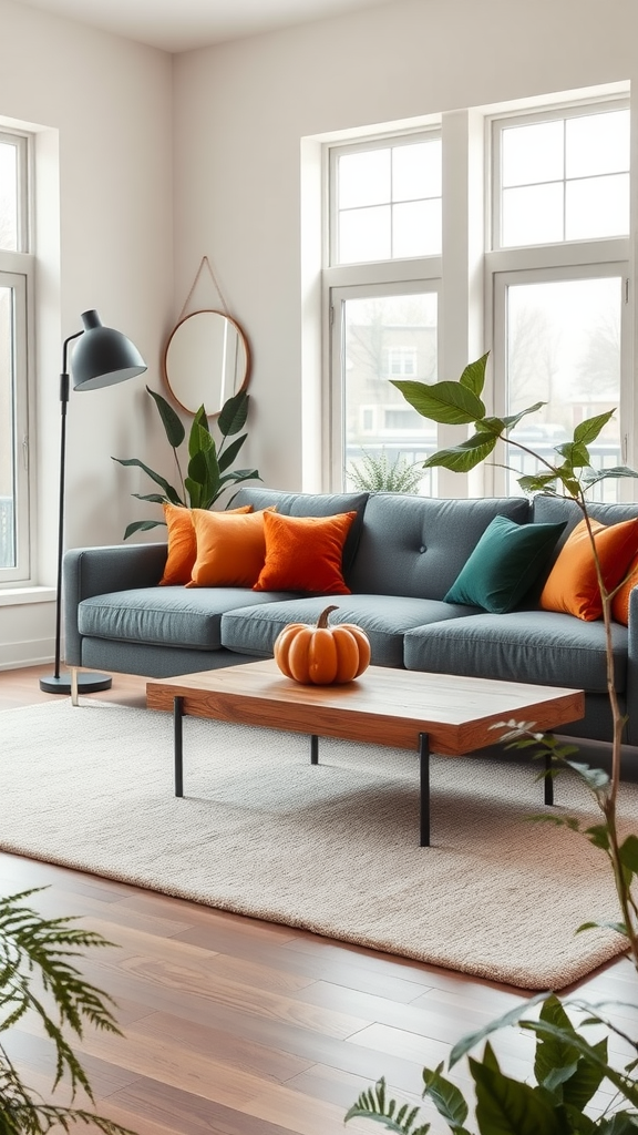 A modern fall living room featuring a minimalist design with a gray sofa, colorful cushions, a wooden coffee table with a pumpkin, and plants.