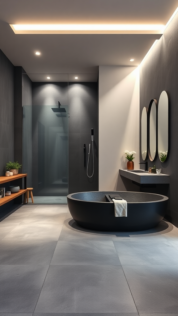 A modern Japanese spa bathroom featuring a black circular bathtub, glass shower, and minimalistic design.