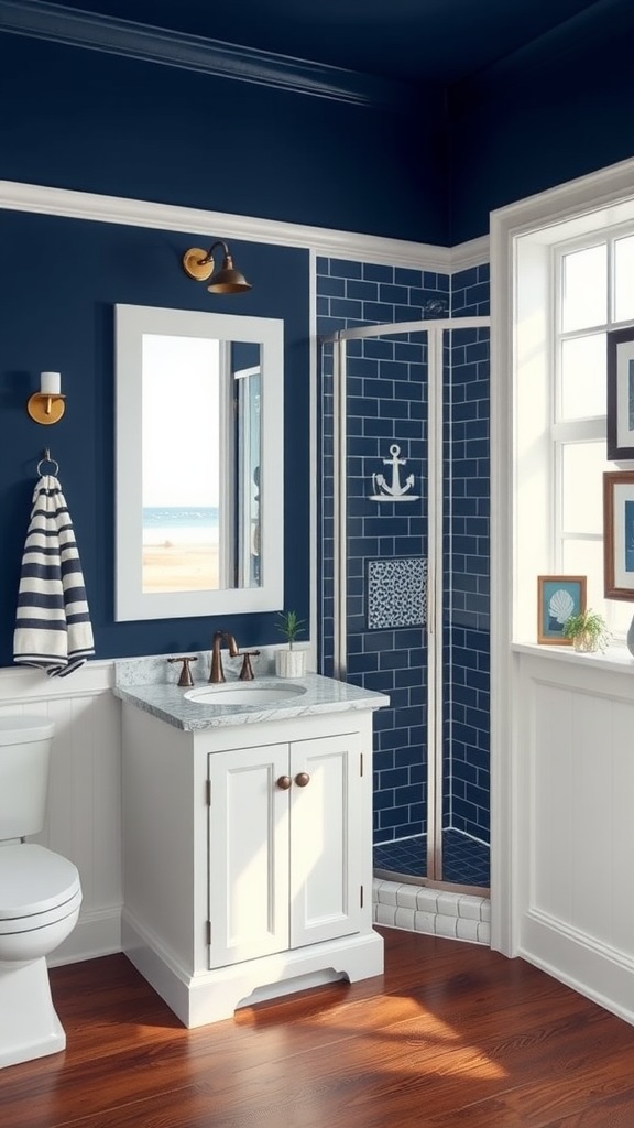 Coastal bathroom with navy walls, blue tiles, and nautical decor