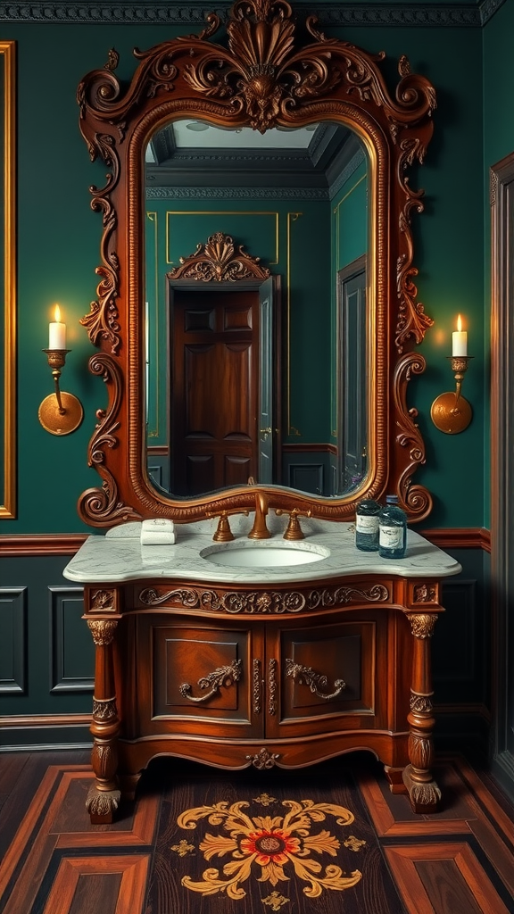 Victorian bathroom featuring an ornate mirror with antique brass fixtures and a marble countertop.