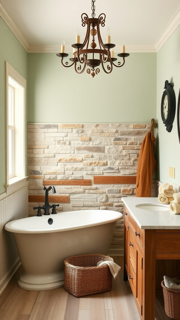 A rustic farmhouse French bathroom featuring a freestanding tub, stone accent wall, and wooden vanity with a chandelier above.