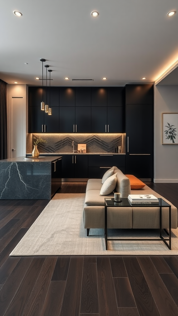 A contemporary living room and kitchen combo featuring black cabinetry, marble countertops, and a cozy beige sofa.