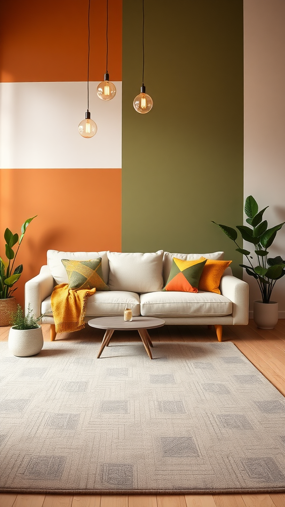 A cozy living room with earthy colorblock walls in orange, white, and green, featuring a light beige sofa, colorful pillows, and greenery.