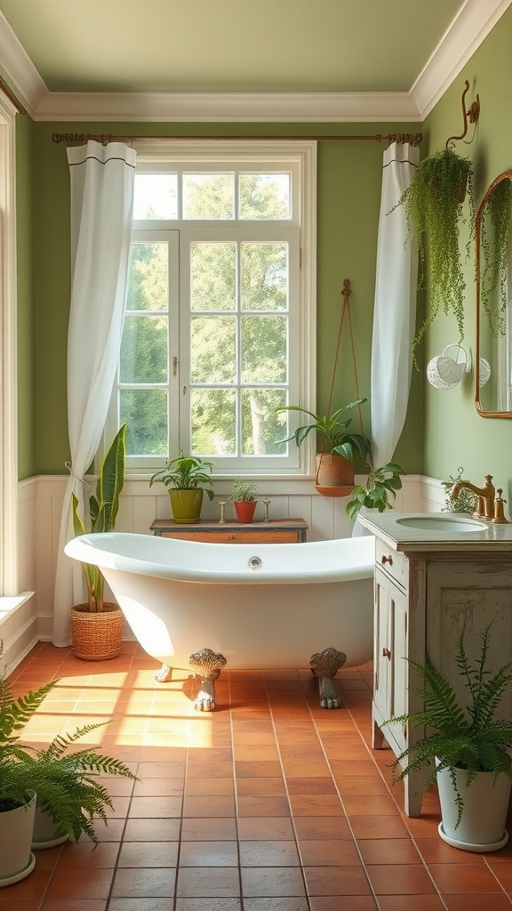 A serene French country bathroom featuring a clawfoot tub, green walls, and various plants.