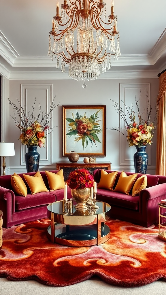 Luxurious autumn-themed living room with burgundy sofas, golden pillows, and a floral centerpiece.