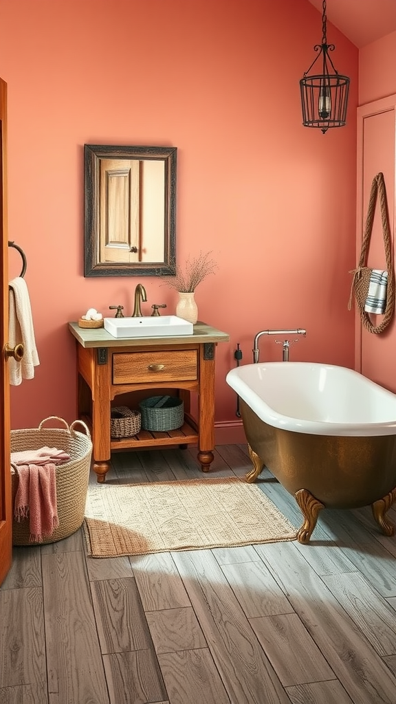 Cozy rustic bathroom with coral walls, wooden accents, and a freestanding bathtub.