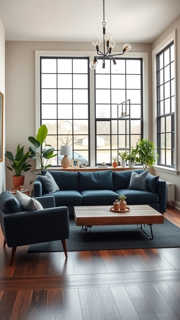 A cozy living room with a deep blue sofa, wooden coffee table, large windows, and potted plants.