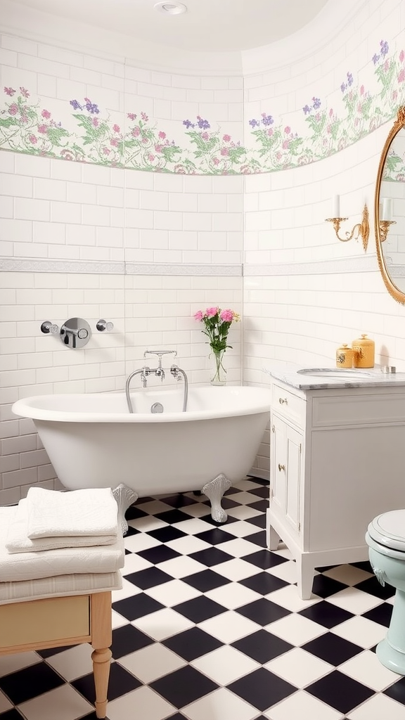 Victorian bathroom featuring white tiled walls, floral borders, clawfoot tub, and black and white checkered floor