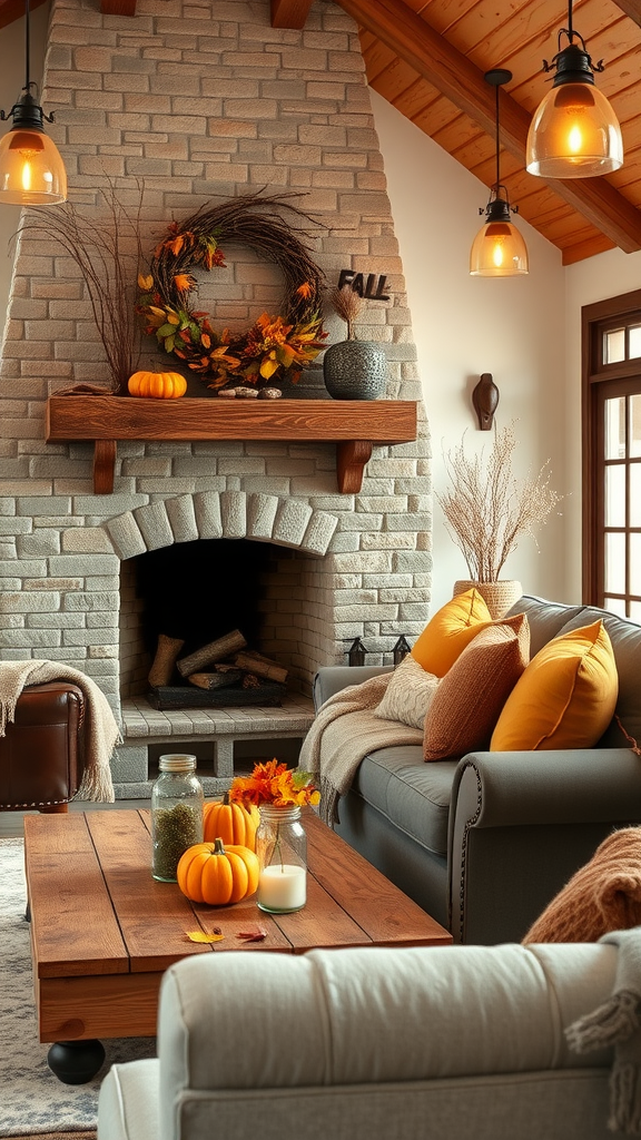 A cozy farmhouse living room with a stone fireplace, fall decorations, and warm lighting.