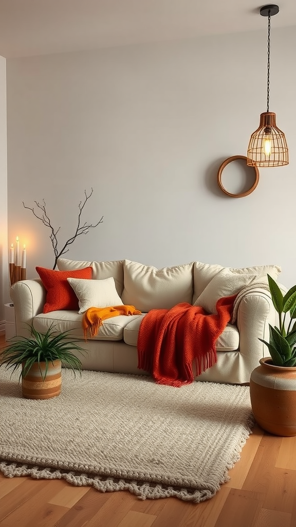 Cozy living room with a creamy sofa, colorful throw blankets, and plants for an earthy feel.