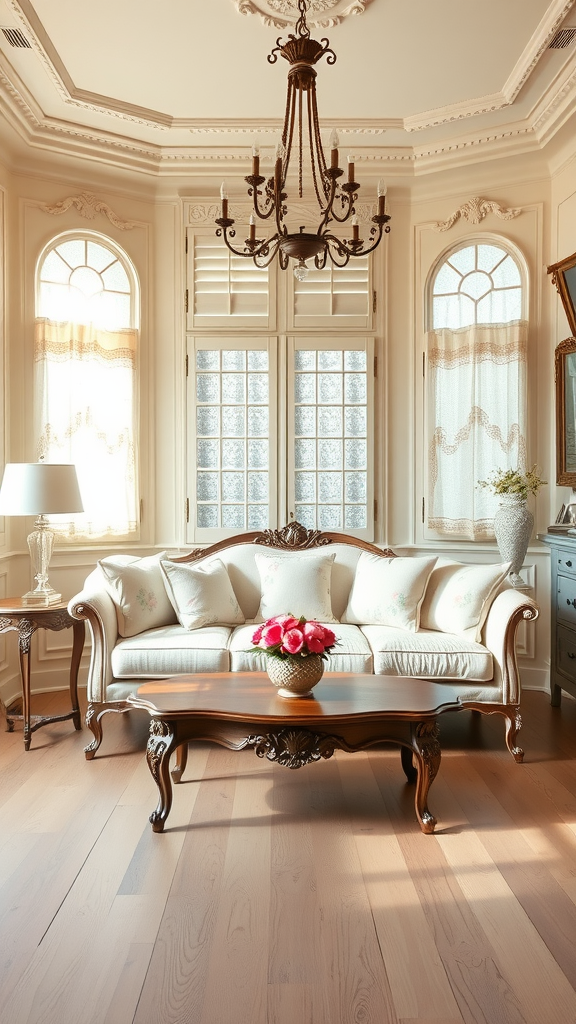 A beautifully decorated French Provincial living room with an elegant sofa, chandelier, and floral accents.