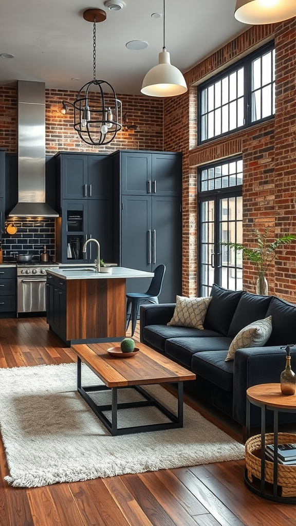 A stylish living room and kitchen combo featuring exposed brick walls, dark cabinetry, and wooden accents.