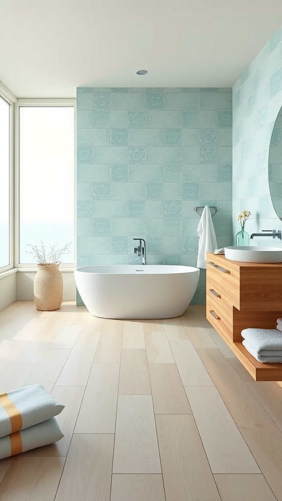 A coastal bathroom featuring a freestanding tub, light blue tiled walls, wooden vanity, and large windows with ocean views.