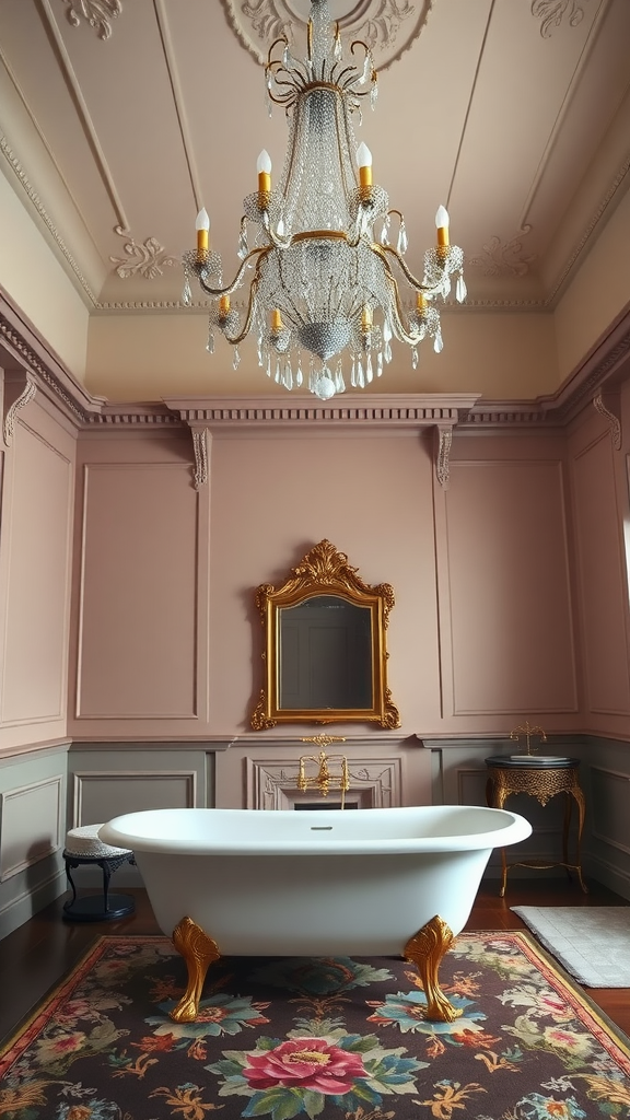 Victorian bathroom featuring a high ceiling, chandelier, and ornate bathtub