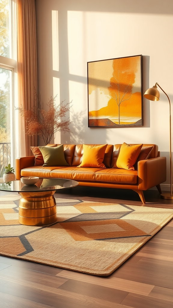 Cozy mid-century modern living room with orange leather sofa, geometric rug, and warm autumn decor.