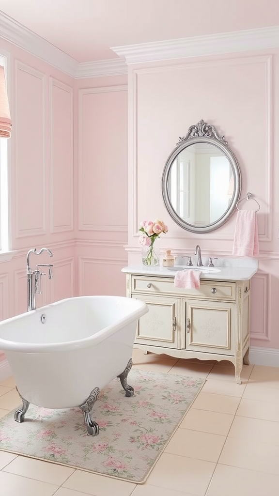 A charming French country bathroom featuring pink walls, a white freestanding bathtub, and elegant decor.