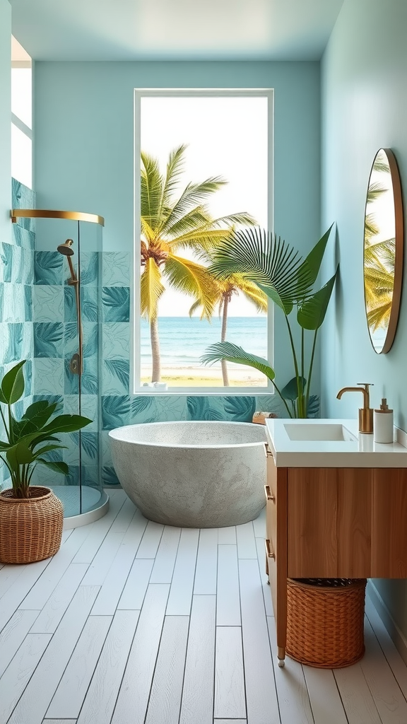 A bright and airy coastal bathroom with a freestanding tub, tropical plants, and a view of the ocean.