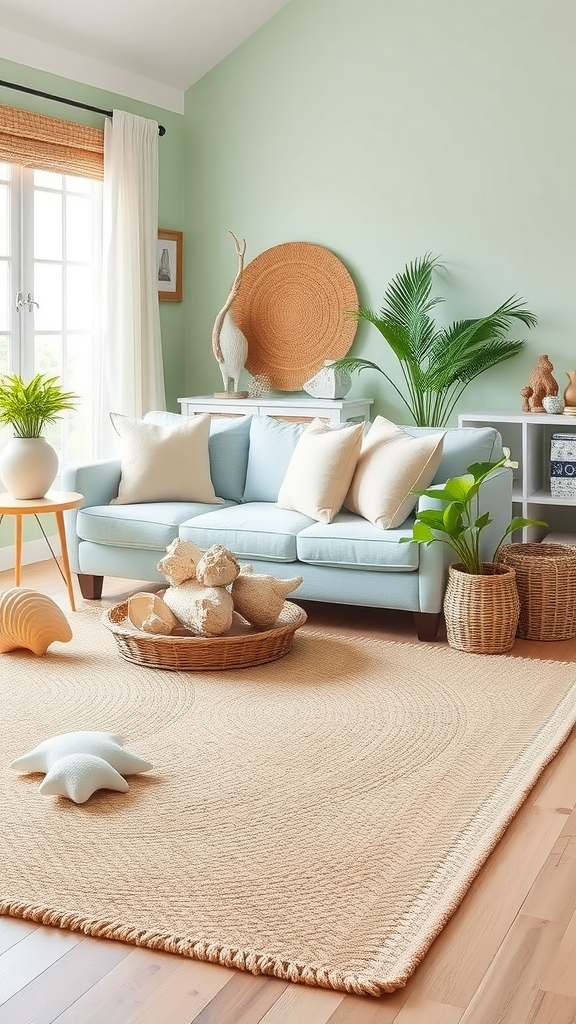 A cozy living room with mint green walls, a light blue sofa, and natural decor elements.