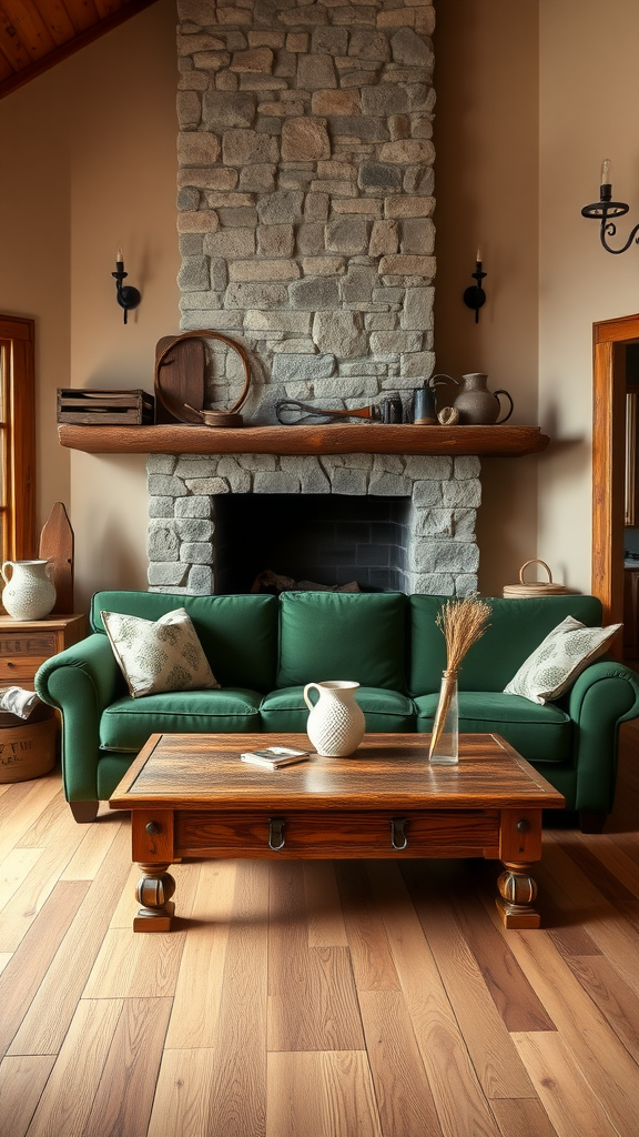 A rustic countryside living room featuring a green couch, wooden coffee table, and stone fireplace.