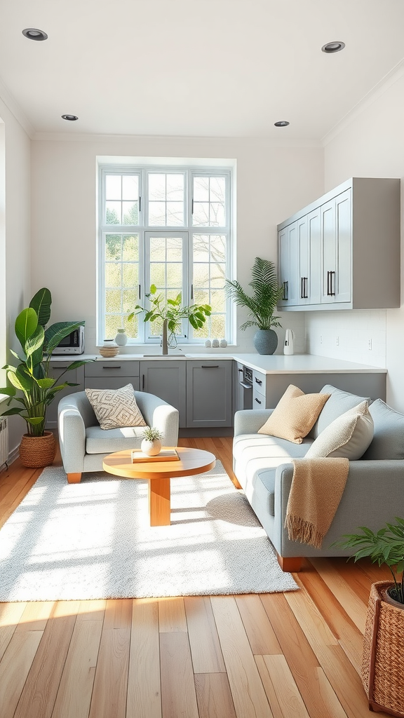 Scandinavian contemporary living room and kitchen combo with large windows, cozy sofas, and plants.