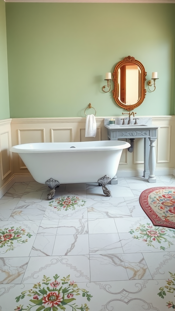 A Victorian bathroom featuring a clawfoot bathtub, ornate tile borders, and elegant decor.