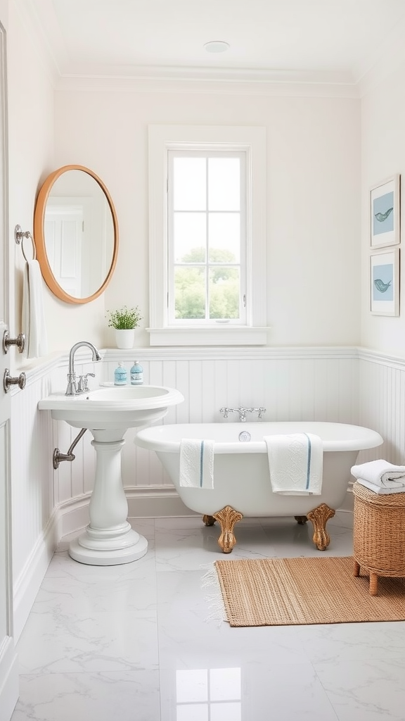 A classic coastal bathroom featuring a freestanding bathtub, pedestal sink, and natural decor.