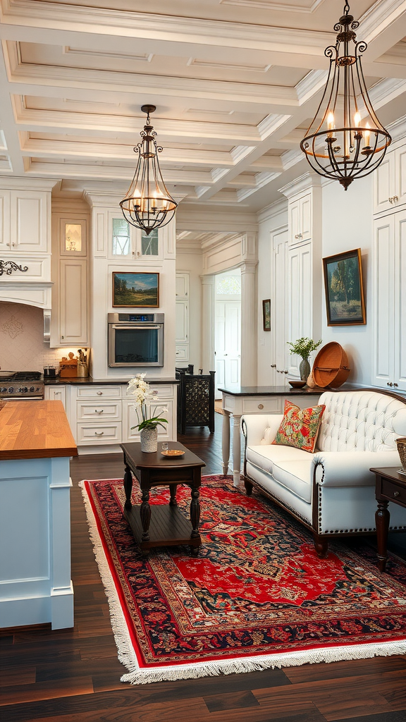 A living room and kitchen combo with a white sofa, colorful cushions, an intricate area rug, wooden flooring, and elegant light fixtures.