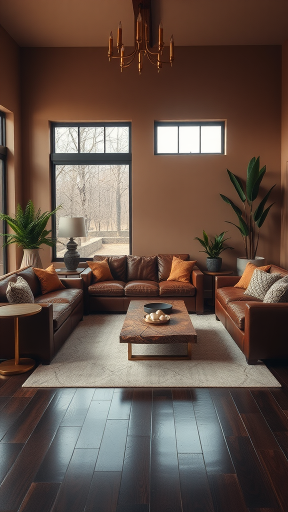 A rustic luxe living room featuring leather sofas, a wooden coffee table, large windows, and indoor plants.