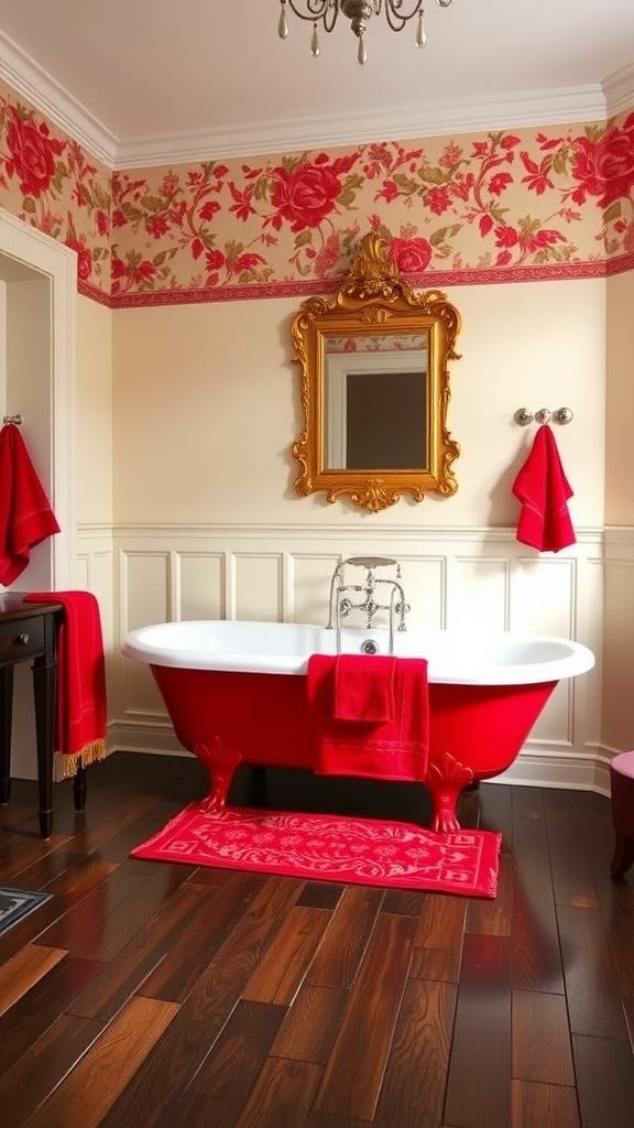 A Victorian bathroom featuring a red clawfoot bathtub, floral wallpaper, and gold-framed mirror, showcasing bold red accents.