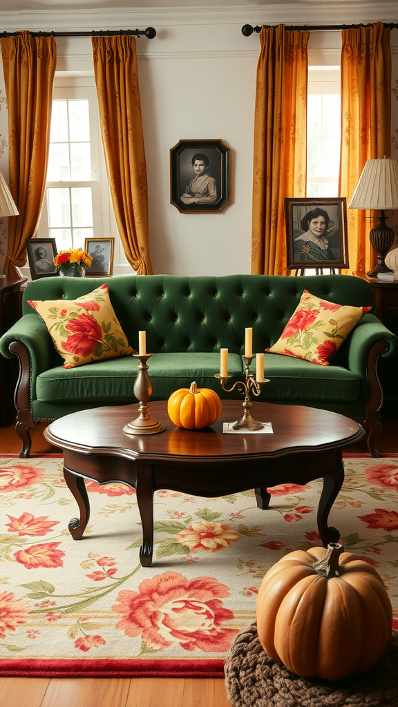 A vintage-inspired living room featuring a green sofa, floral pillows, pumpkins, and warm golden curtains.