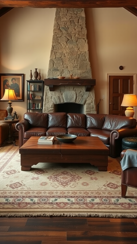 A cozy countryside living room featuring a brown leather sofa, stone fireplace, wooden coffee table, and warm lighting.