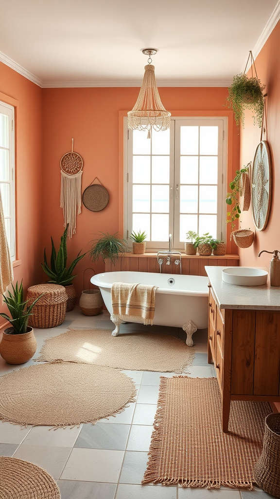 A cozy bathroom featuring coral walls, a freestanding tub, woven baskets, and potted plants, creating a bohemian beach vibe.