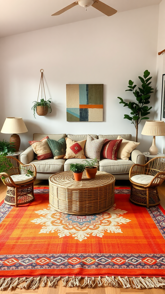 A cozy Boho farmhouse living room featuring a sofa with colorful cushions, a vibrant area rug, and a natural coffee table.